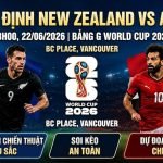 Poster trận đấu World Cup 2026 giữa New Zealand vs Ai Cập tại sân BC Place, Vancouver, với sự góp mặt của Chris Wood và Mohamed Salah.